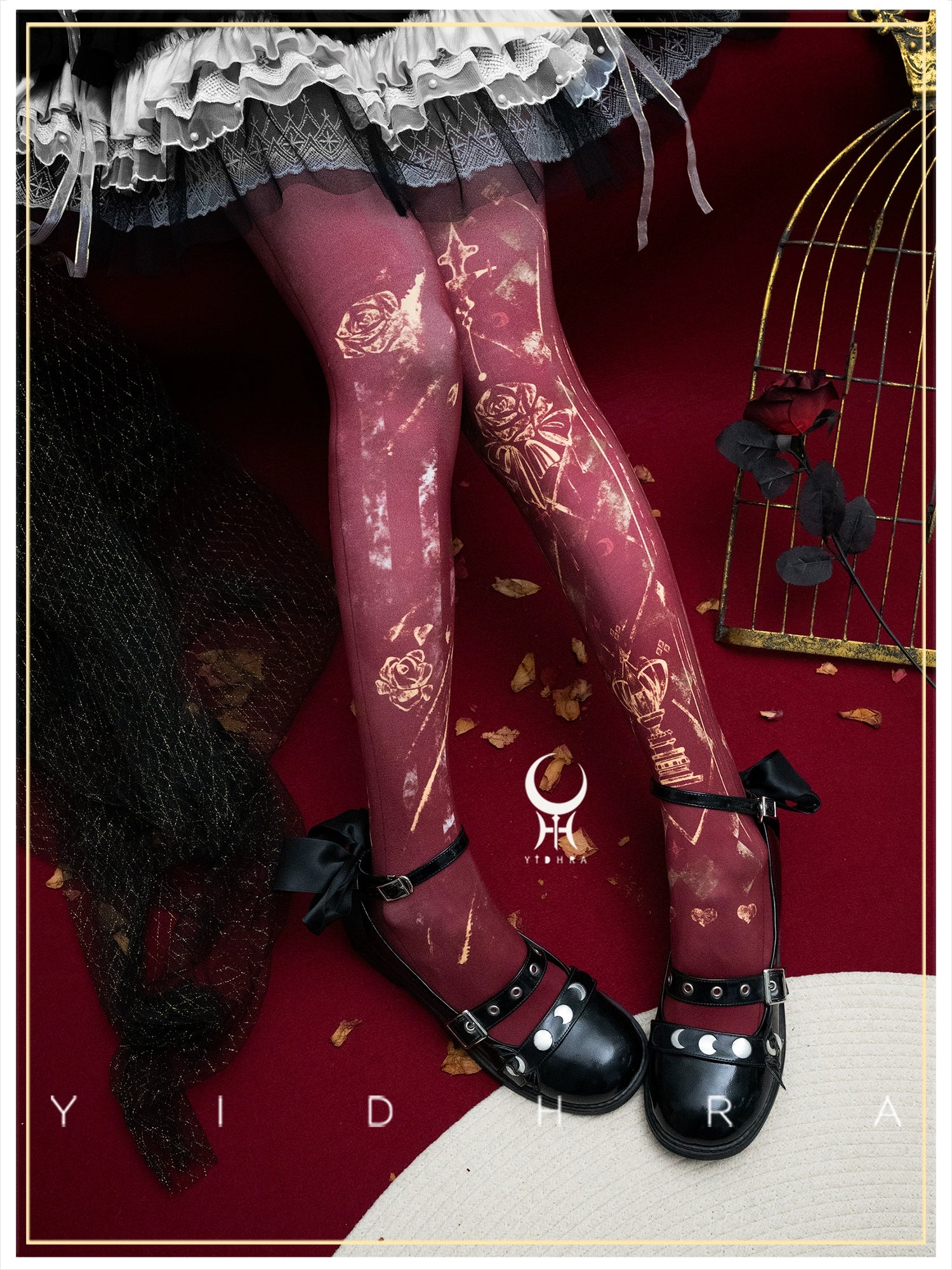 Yidhra - Rose Printed Gothic Lolita Pantyhose - Image 4