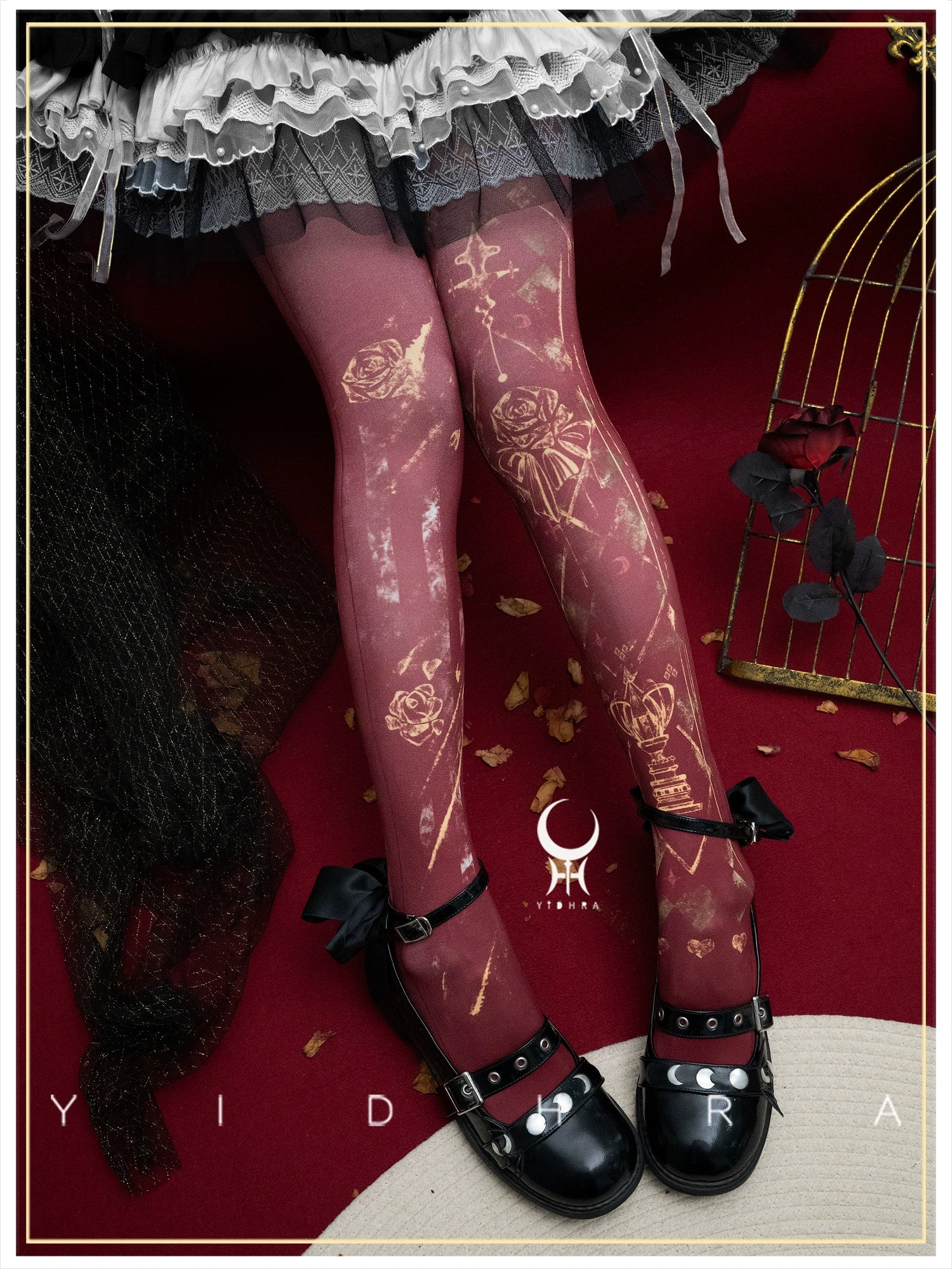 Yidhra - Rose Printed Gothic Lolita Pantyhose - Image 5
