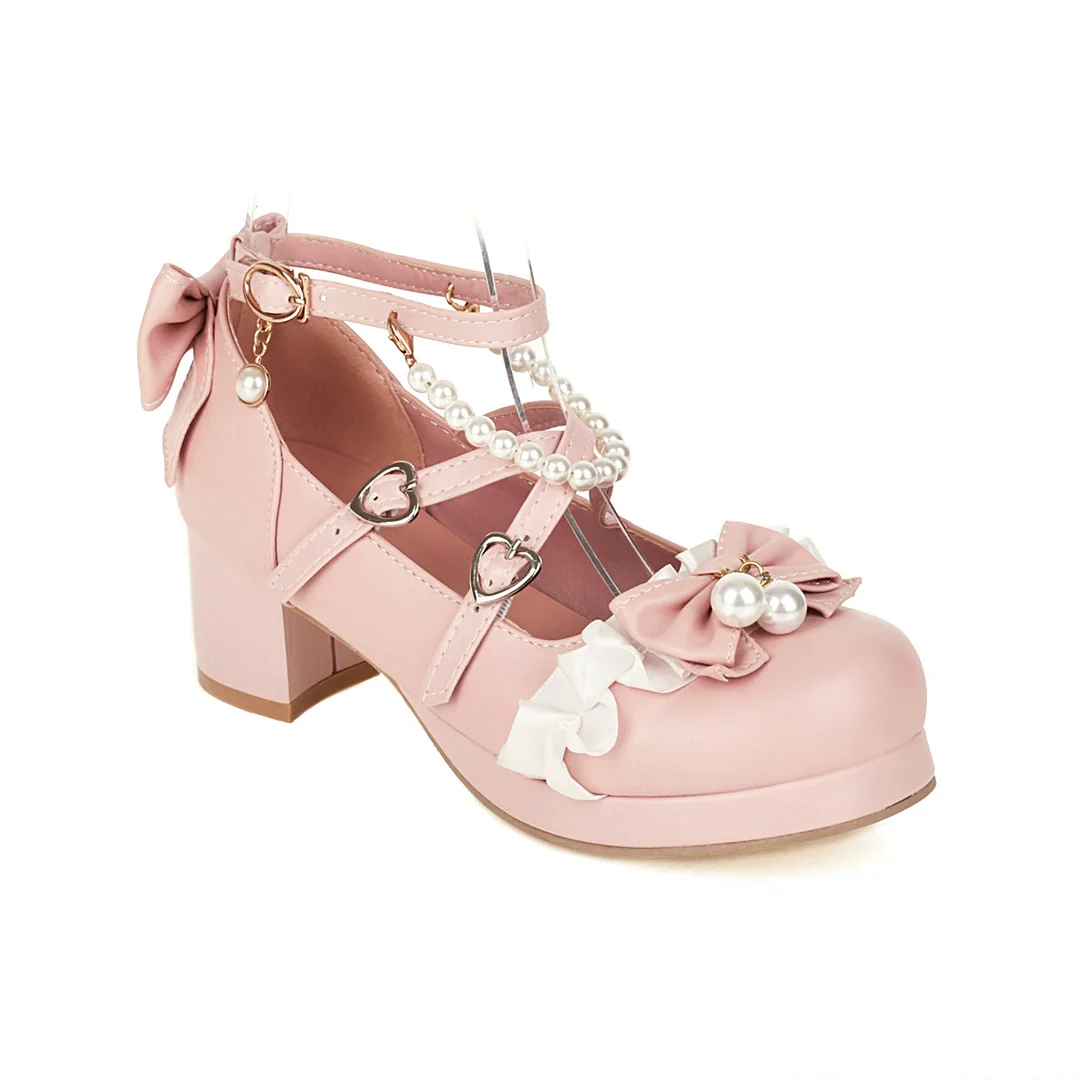 Yana - Round Toe Sweet Lolita Shoes, Detachable Pearl Chain - Image 17