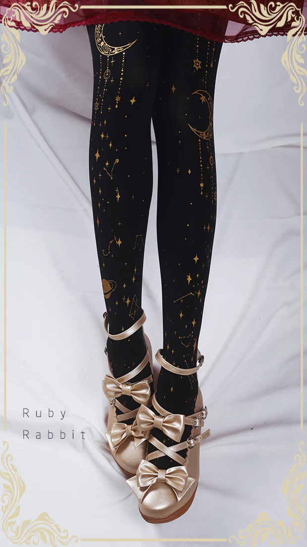 120D Velvet Lolita Tights, Gold Foil Print - Image 2