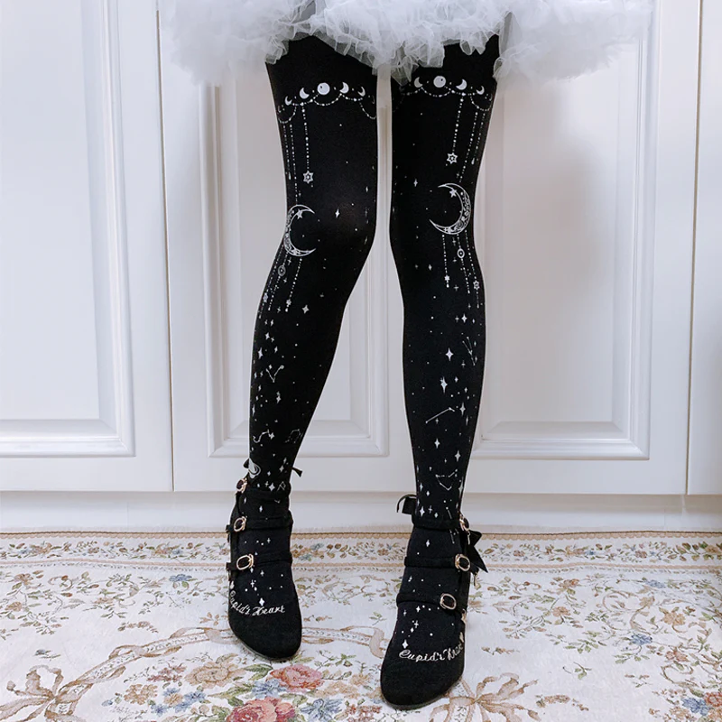 120D Velvet Lolita Tights, Gold Foil Print - Image 5