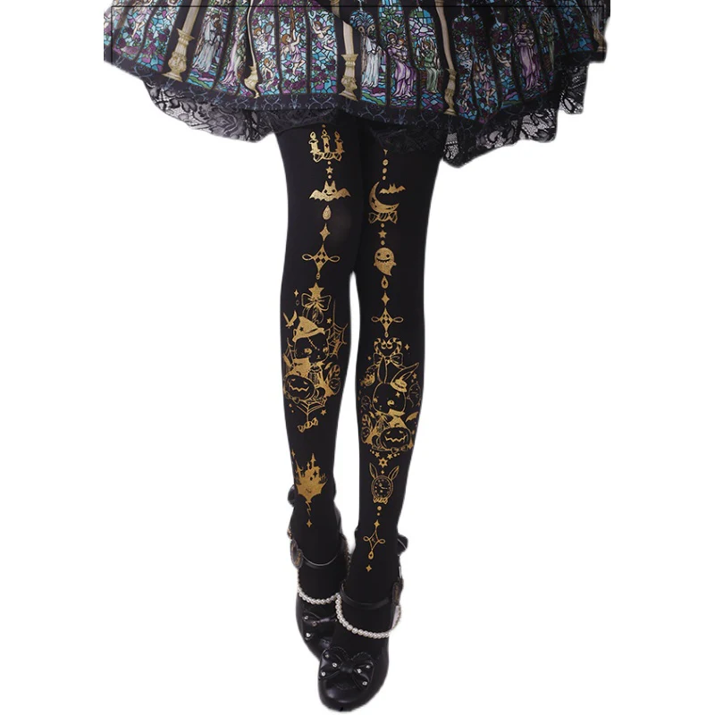 Halloween Gothic Lolita Rabbit and Pumpkin Print Pantyhose