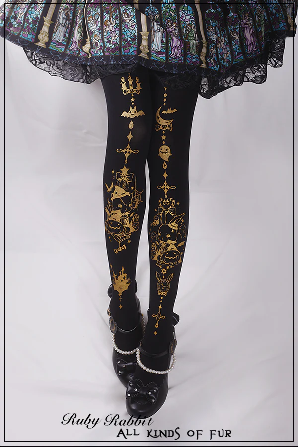 Halloween Gothic Lolita Rabbit and Pumpkin Print Pantyhose - Image 5
