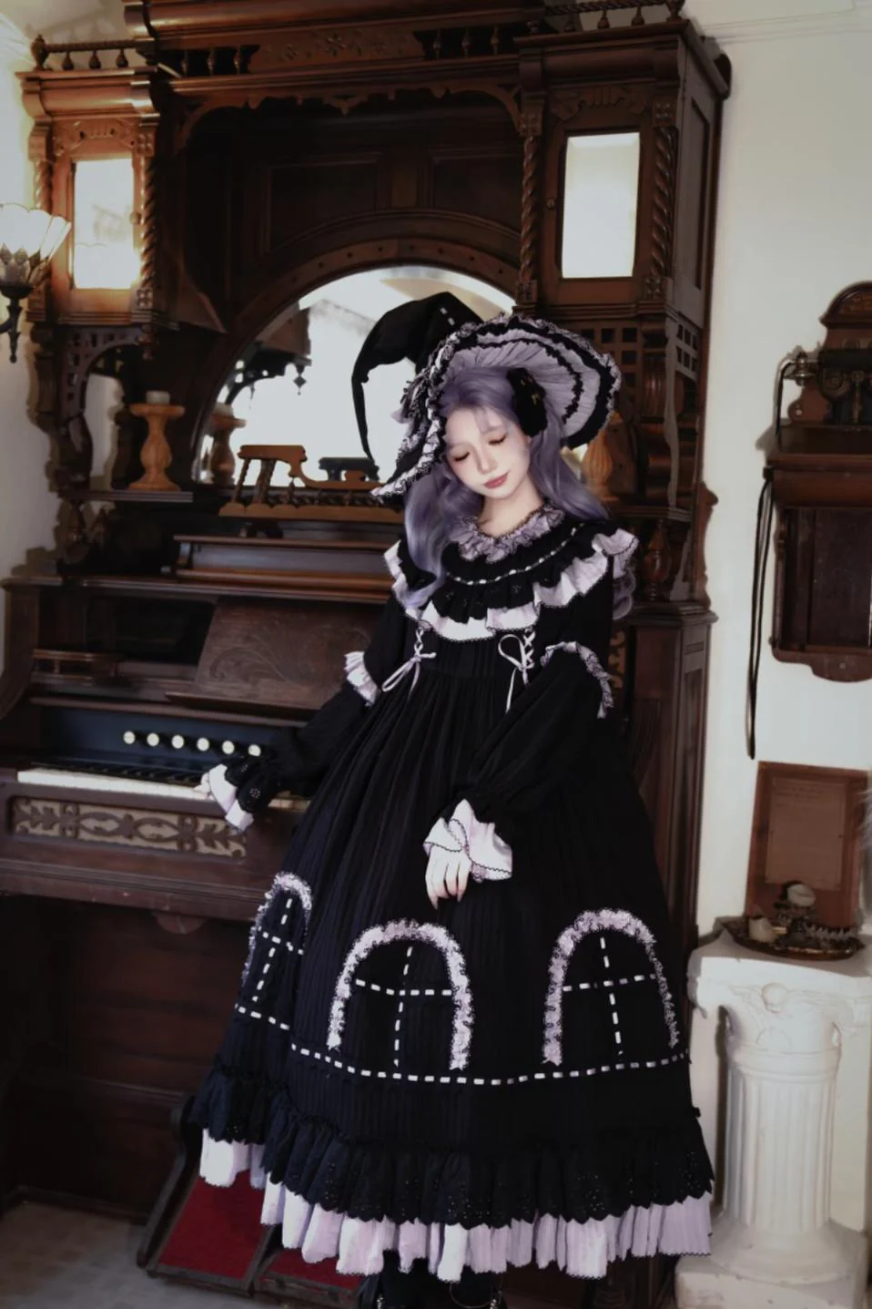 Sanshanjiu - Witch Lilith - Ruffled Collar Gothic Lolita OP, Witch Hat - Image 4
