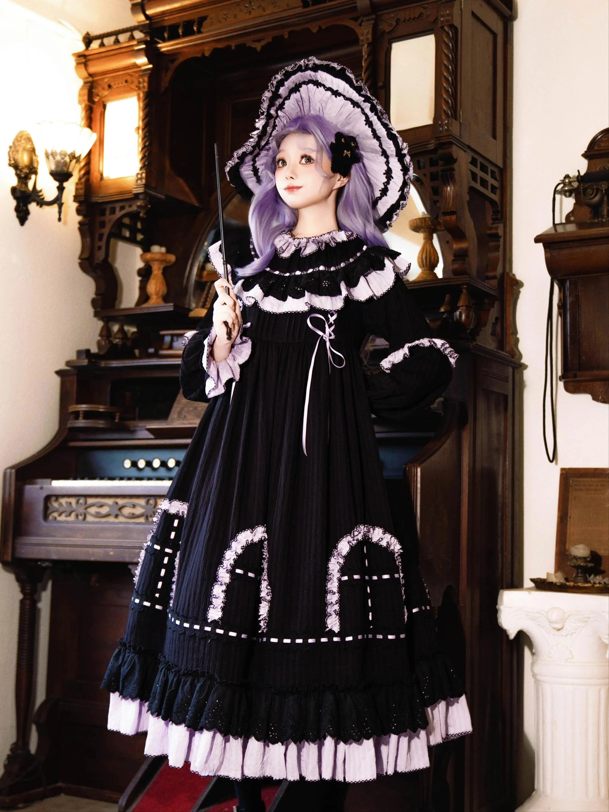 Sanshanjiu - Witch Lilith - Ruffled Collar Gothic Lolita OP, Witch Hat - Image 5