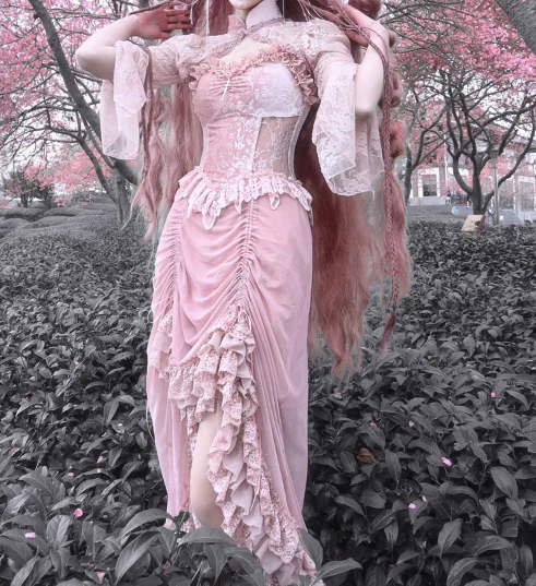 Blood Supply - Sakura Nightmare - Pink Gothic Velvet Drawstring Dress - Image 13