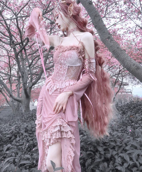 Blood Supply - Sakura Nightmare - Pink Gothic Velvet Drawstring Dress - Image 14