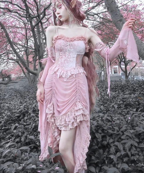 Blood Supply - Sakura Nightmare - Pink Gothic Velvet Drawstring Dress - Image 15