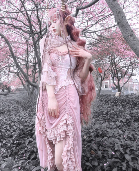 Blood Supply - Sakura Nightmare - Pink Gothic Velvet Drawstring Dress - Image 16