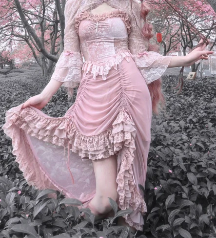 Blood Supply - Sakura Nightmare - Pink Gothic Velvet Drawstring Dress - Image 18