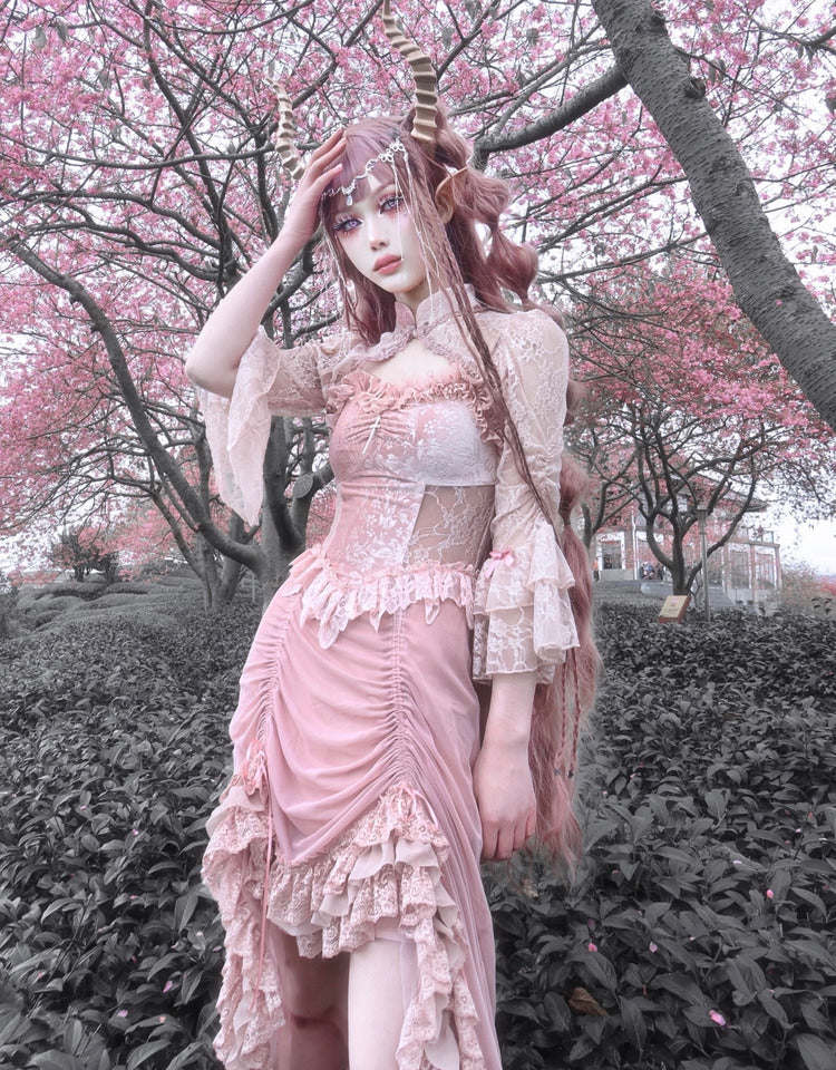 Blood Supply - Sakura Nightmare - Pink Gothic Velvet Drawstring Dress - Image 19