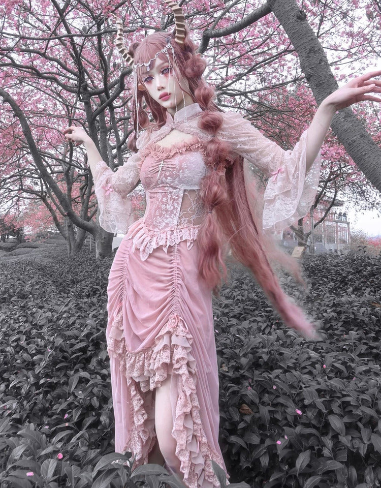 Blood Supply - Sakura Nightmare - Pink Gothic Velvet Drawstring Dress - Image 21