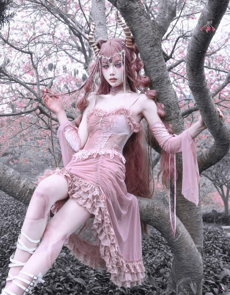 Blood Supply - Sakura Nightmare - Pink Gothic Velvet Drawstring Dress - Image 3