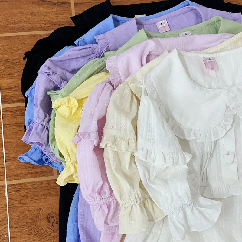 Plus Size Lolita Shirt Solid Color Short Sleeve Blouse