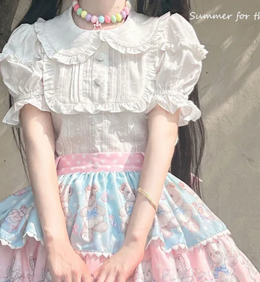 Plus Size Lolita Shirt Solid Color Short Sleeve Blouse - Image 13