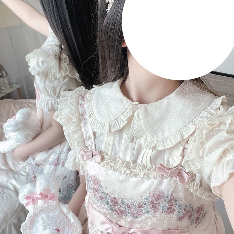 Plus Size Lolita Shirt Solid Color Short Sleeve Blouse - Image 3
