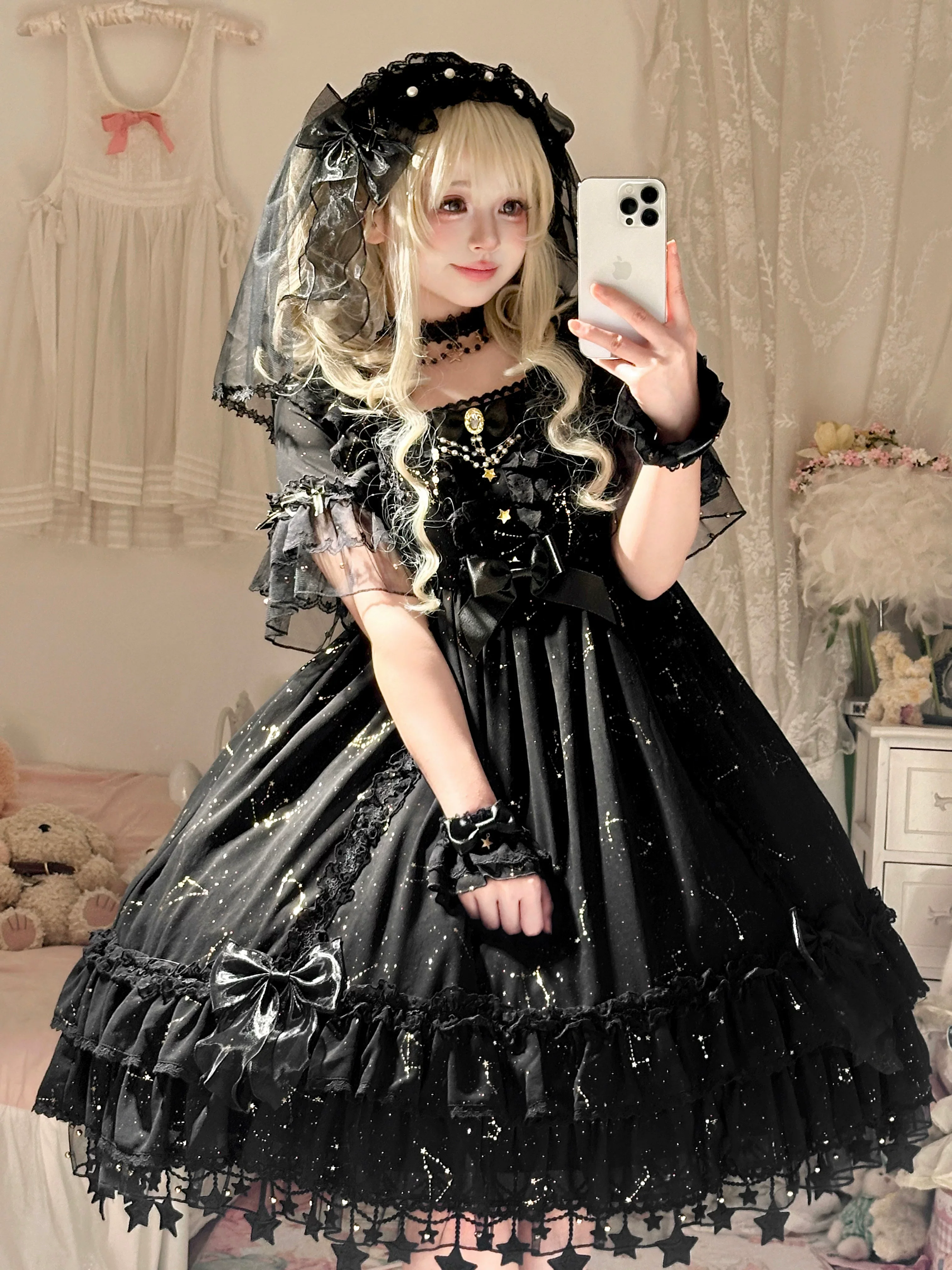 Whisper of Stars - Vintage Lolita Black OP Dress, Constellation-Themed - Image 3