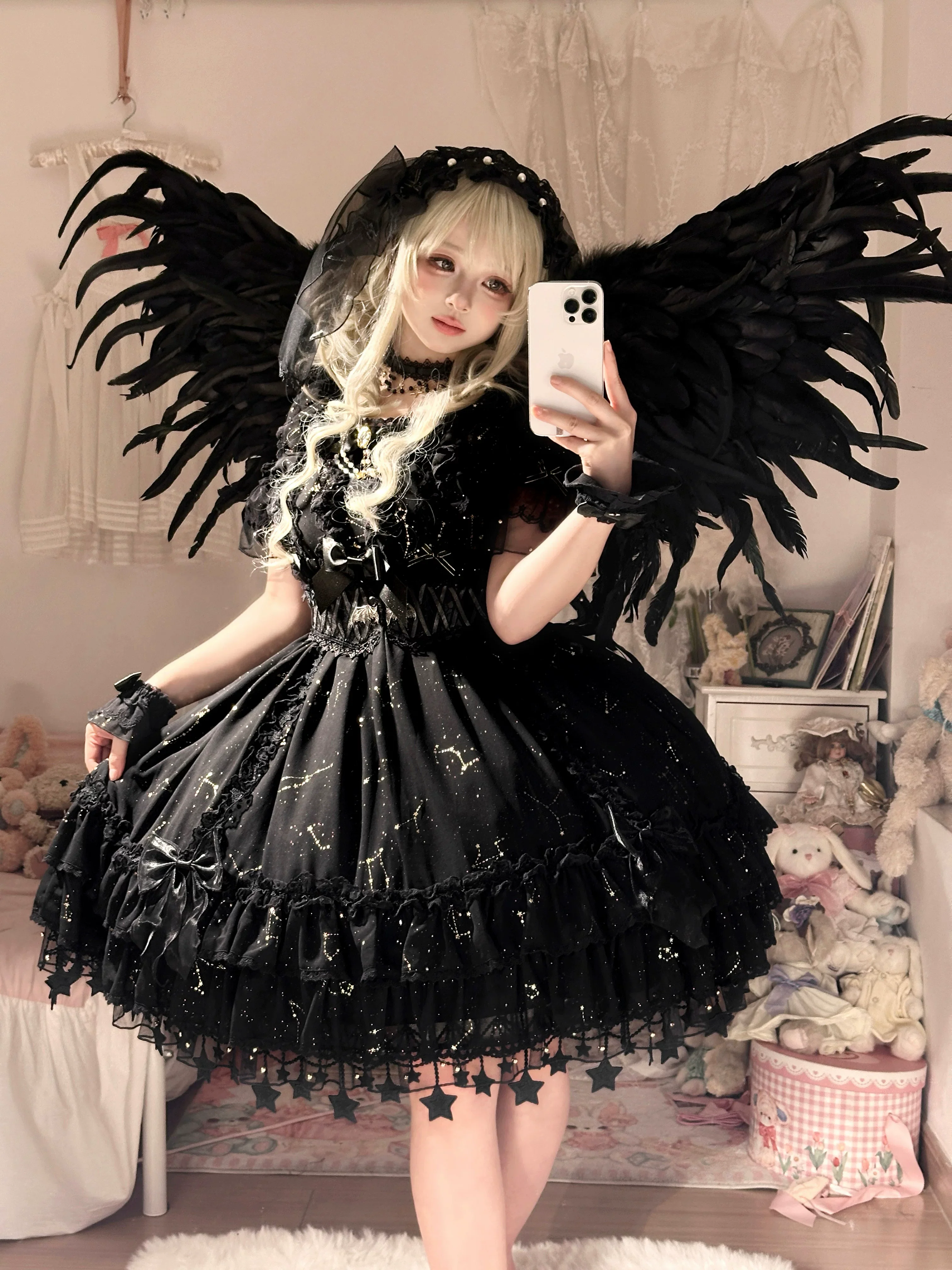 Whisper of Stars - Vintage Lolita Black OP Dress, Constellation-Themed - Image 5
