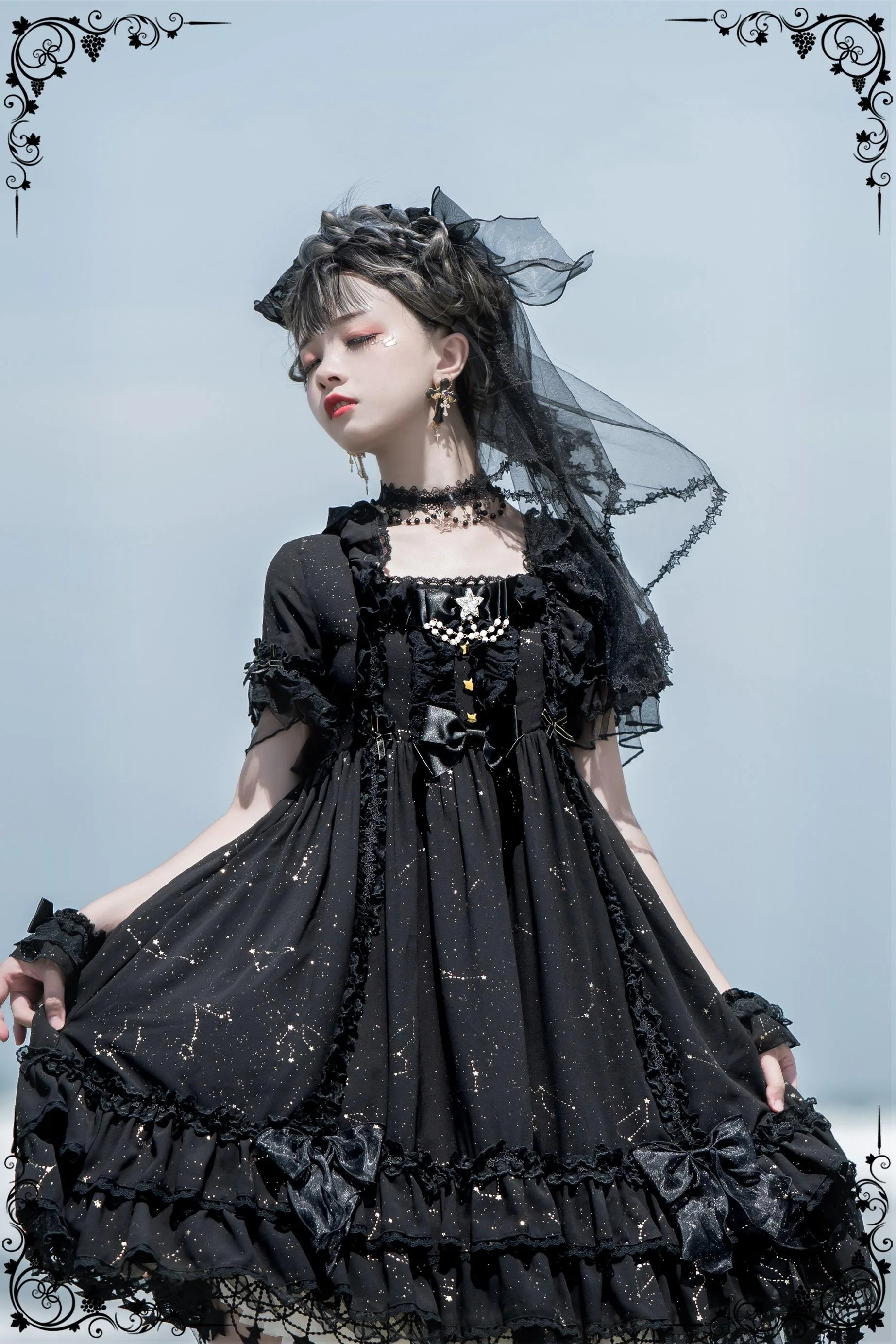 Whisper of Stars - Vintage Lolita Black OP Dress, Constellation-Themed - Image 6