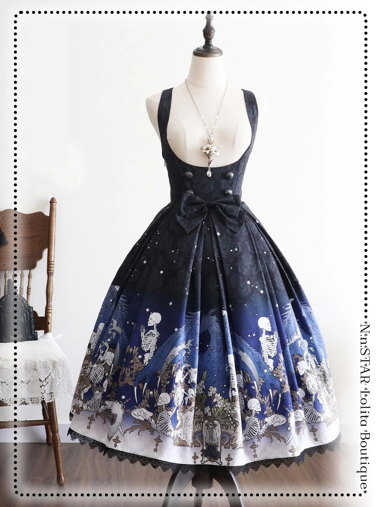 Dragonbone Lily - Dragon Skeleton Print Gothic Lolita Bust-supporting JSK and BNT