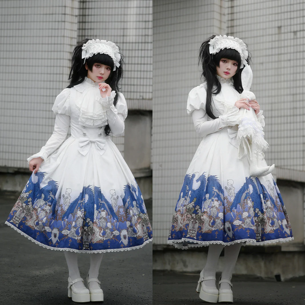 Dragonbone Lily - Dragon Skeleton Print Gothic Lolita Bust-supporting JSK and BNT - Image 21