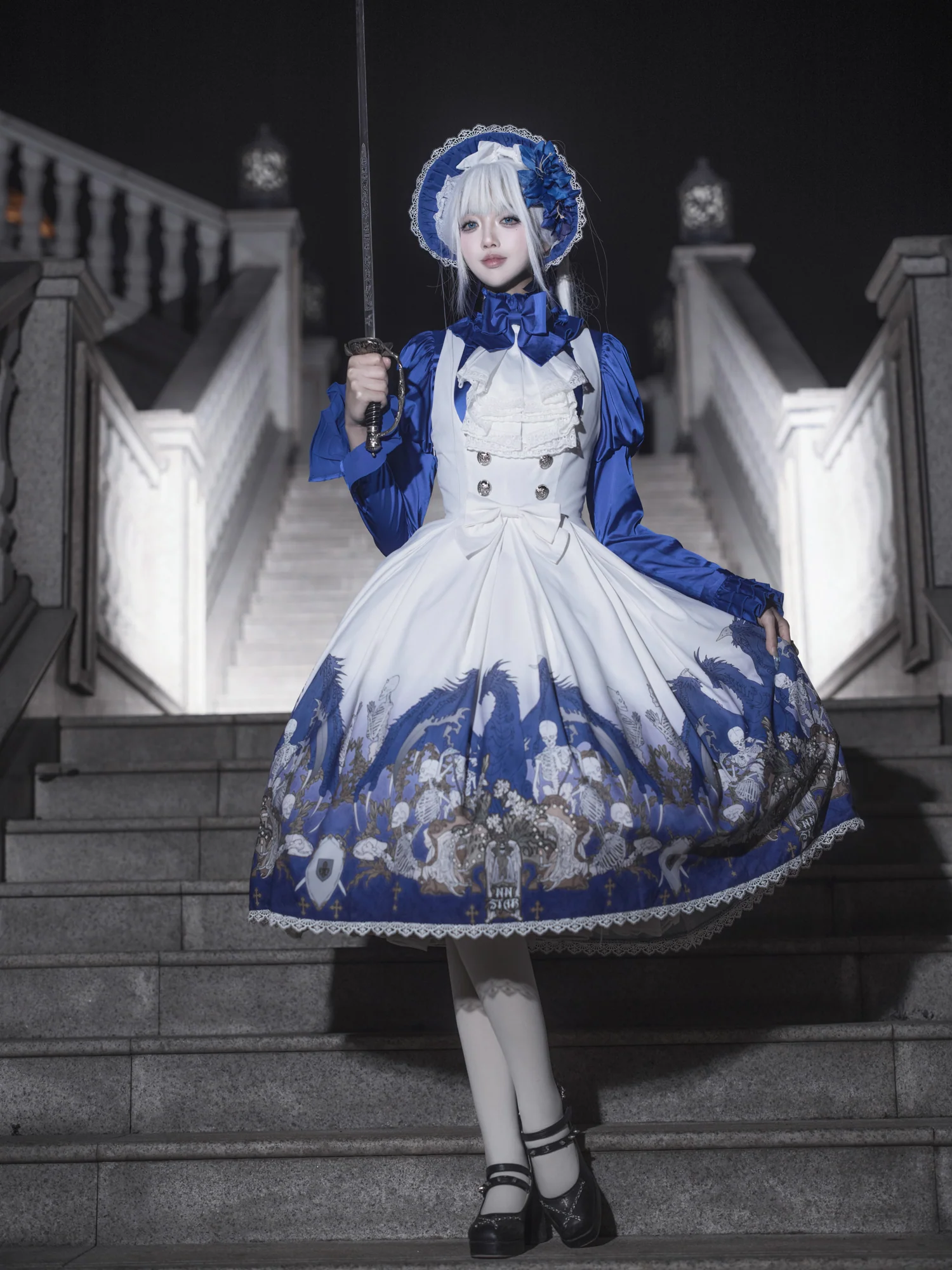Dragonbone Lily - Dragon Skeleton Print Gothic Lolita Bust-supporting JSK and BNT - Image 30