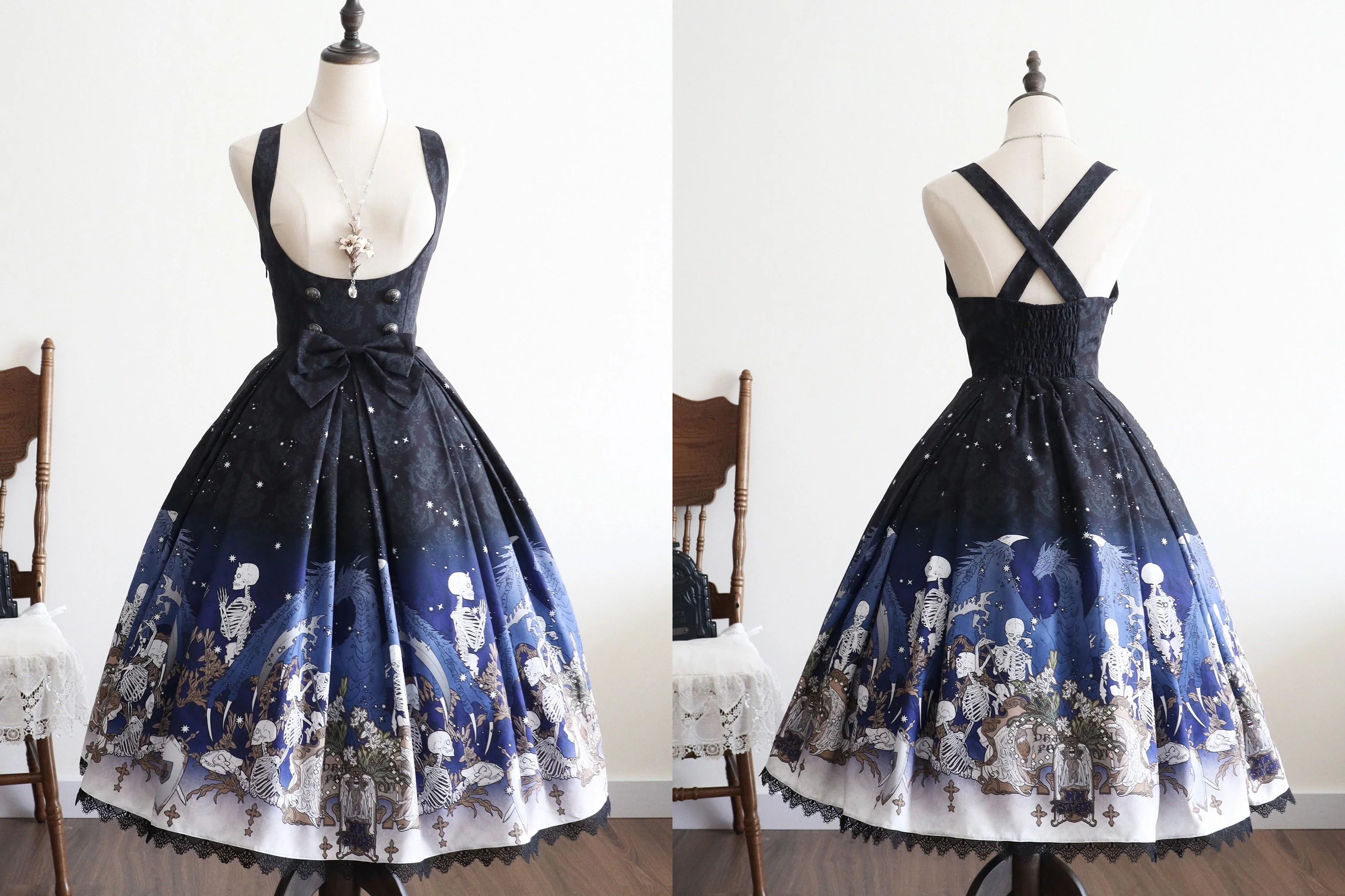 Dragonbone Lily - Dragon Skeleton Print Gothic Lolita Bust-supporting JSK and BNT - Image 33