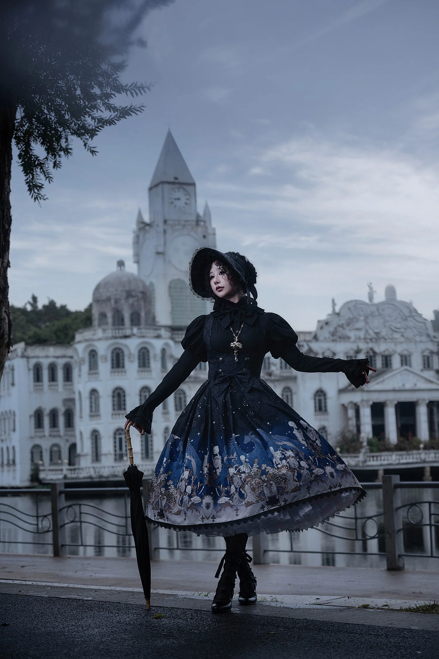 Dragonbone Lily - Dragon Skeleton Print Gothic Lolita Bust-supporting JSK and BNT - Image 6