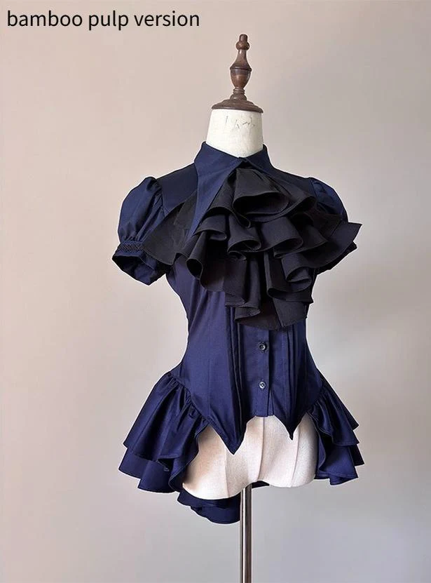 FlowerFairyDaily - Midnight Prayer - Solid Lolita Shirt with Flowing Tiered Back Hem - Image 11