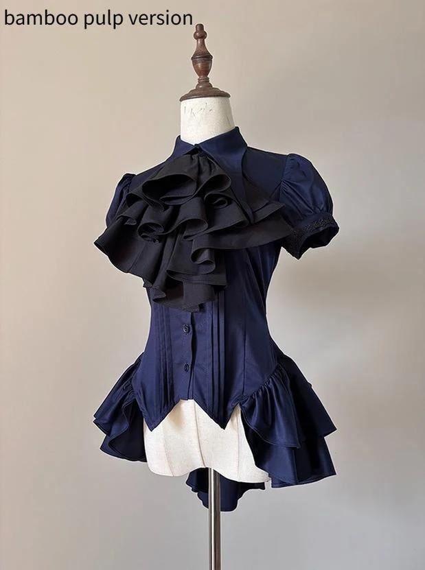 FlowerFairyDaily - Midnight Prayer - Solid Lolita Shirt with Flowing Tiered Back Hem - Image 13