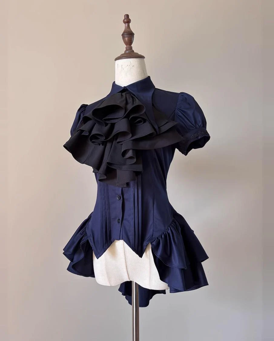 FlowerFairyDaily - Midnight Prayer - Solid Lolita Shirt with Flowing Tiered Back Hem - Image 2