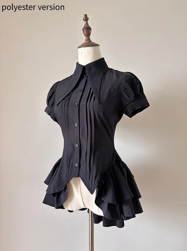 FlowerFairyDaily - Midnight Prayer - Solid Lolita Shirt with Flowing Tiered Back Hem - Image 24