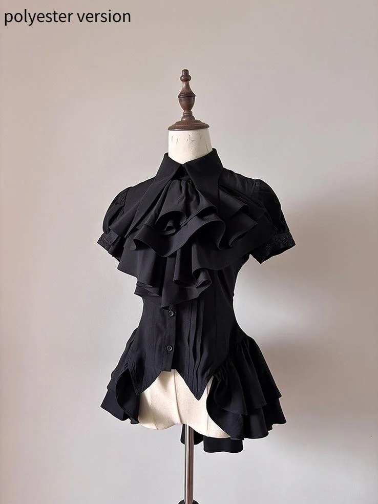 FlowerFairyDaily - Midnight Prayer - Solid Lolita Shirt with Flowing Tiered Back Hem - Image 25