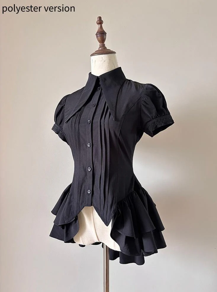 FlowerFairyDaily - Midnight Prayer - Solid Lolita Shirt with Flowing Tiered Back Hem - Image 29