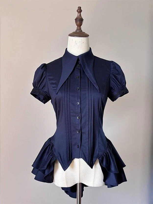 FlowerFairyDaily - Midnight Prayer - Solid Lolita Shirt with Flowing Tiered Back Hem - Image 3