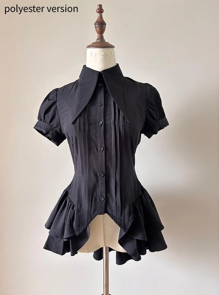 FlowerFairyDaily - Midnight Prayer - Solid Lolita Shirt with Flowing Tiered Back Hem - Image 30