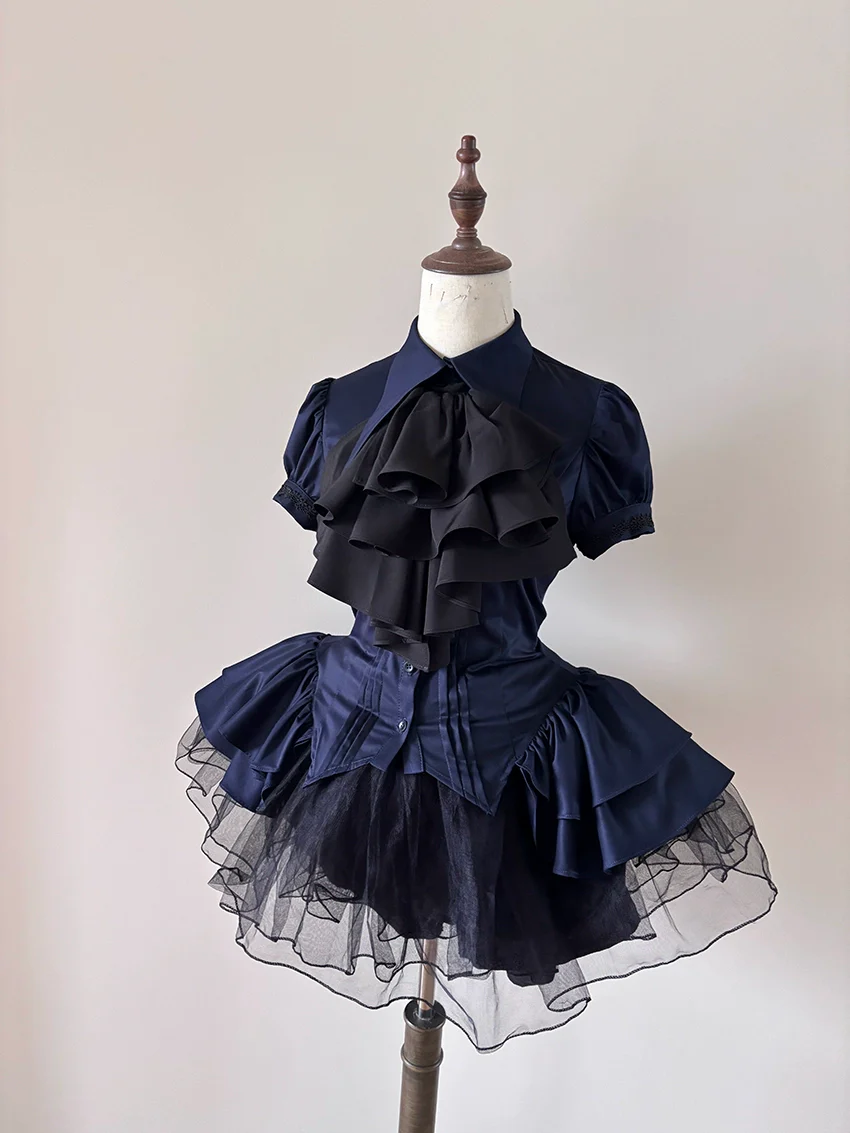 FlowerFairyDaily - Midnight Prayer - Solid Lolita Shirt with Flowing Tiered Back Hem - Image 4