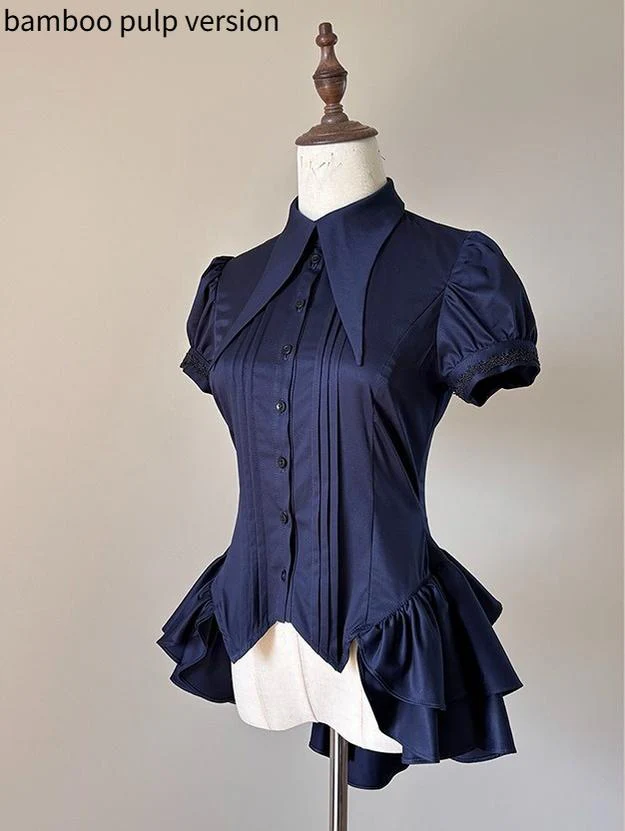 FlowerFairyDaily - Midnight Prayer - Solid Lolita Shirt with Flowing Tiered Back Hem - Image 46