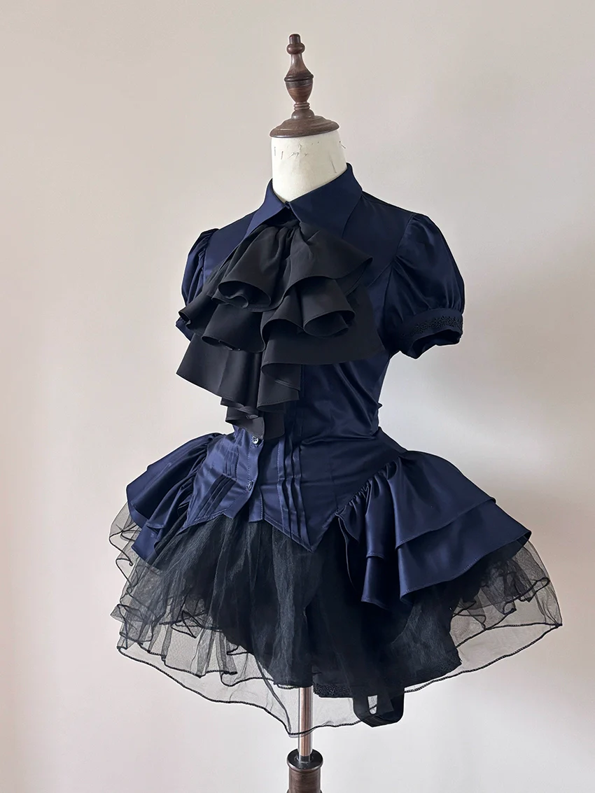 FlowerFairyDaily - Midnight Prayer - Solid Lolita Shirt with Flowing Tiered Back Hem - Image 5