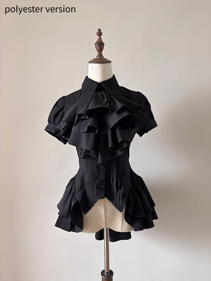 FlowerFairyDaily - Midnight Prayer - Solid Lolita Shirt with Flowing Tiered Back Hem - Image 57
