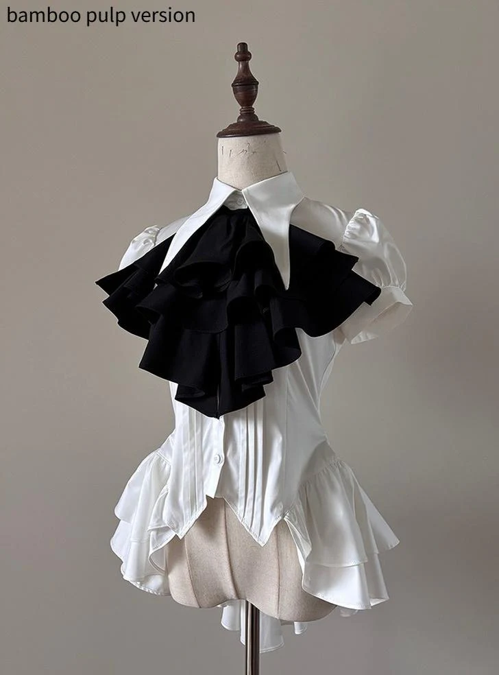 FlowerFairyDaily - Midnight Prayer - Solid Lolita Shirt with Flowing Tiered Back Hem - Image 9