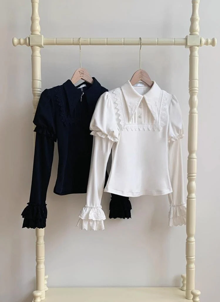 With PUJI - The Vow - Solid Lolita Sweater, Juliet Sleeve, Pointed Collar