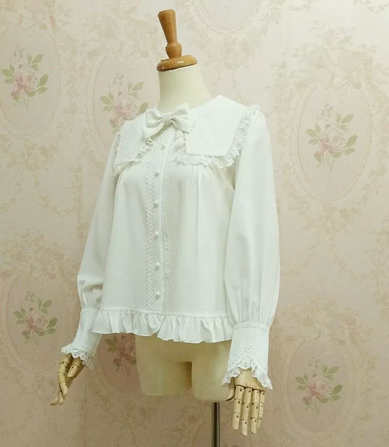 Solid Sweet Lolita Shirt, Lace Square Neckline - Image 4
