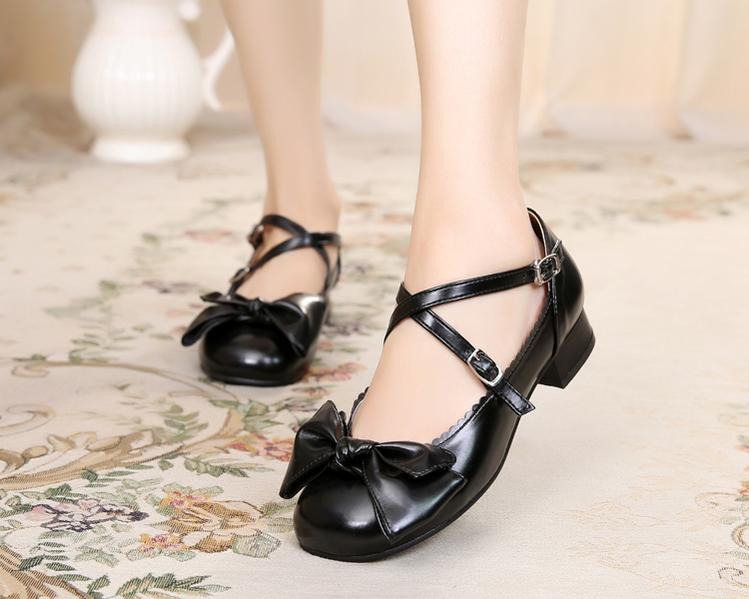 Bow and Low Heel Cross Band Lolita Leather Shoes - Image 18