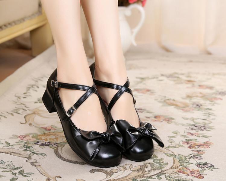 Bow and Low Heel Cross Band Lolita Leather Shoes - Image 30