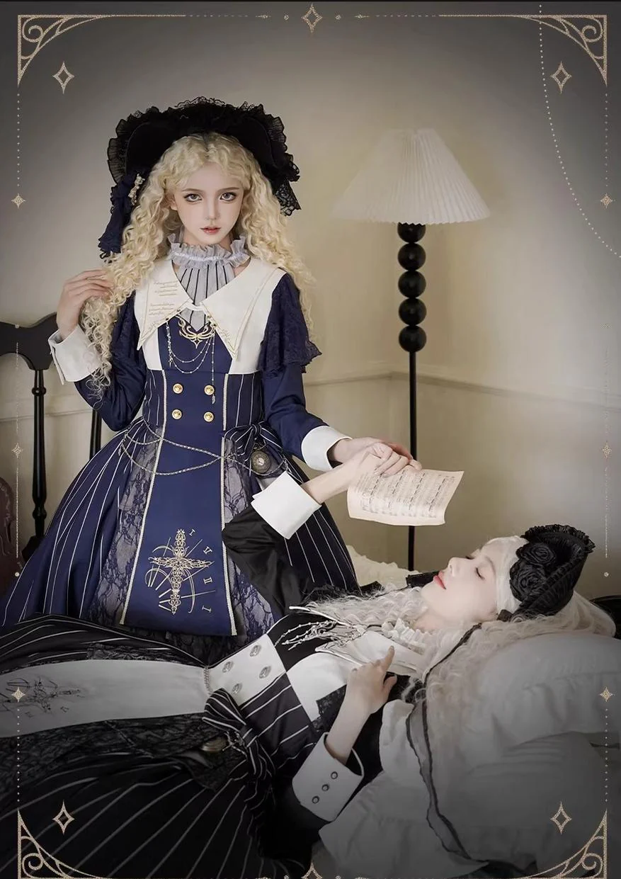 The Choir of the Church - Striped Gothic Lolita Dress Set, High-low Hem - Image 17