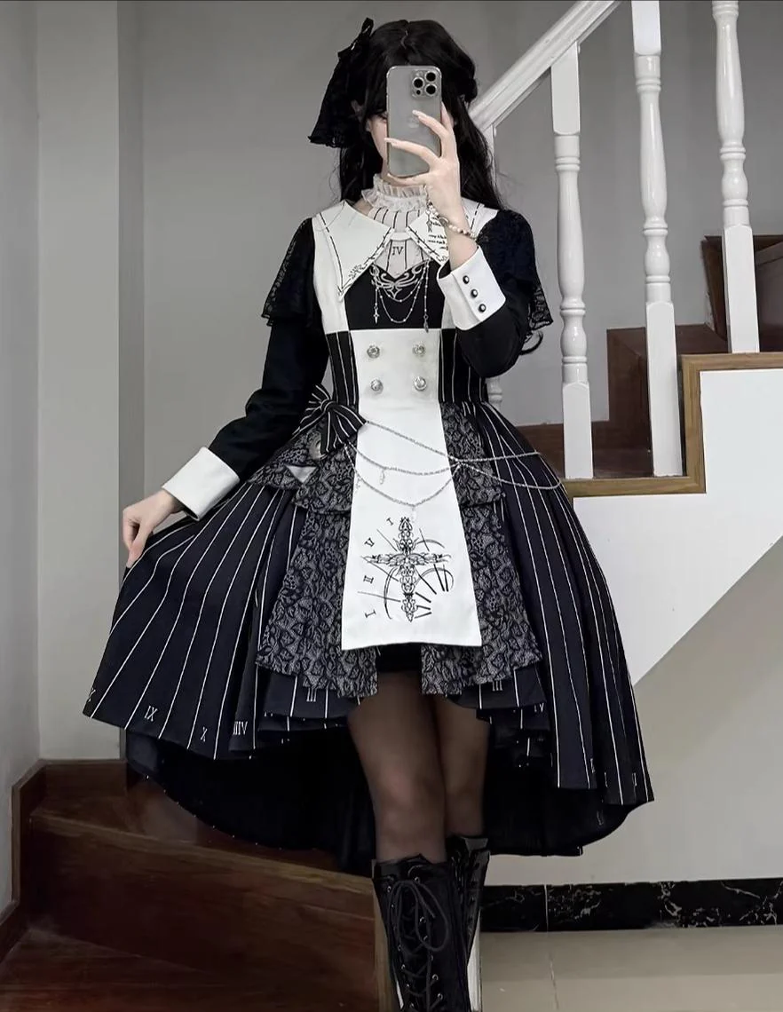 The Choir of the Church - Striped Gothic Lolita Dress Set, High-low Hem - Image 18