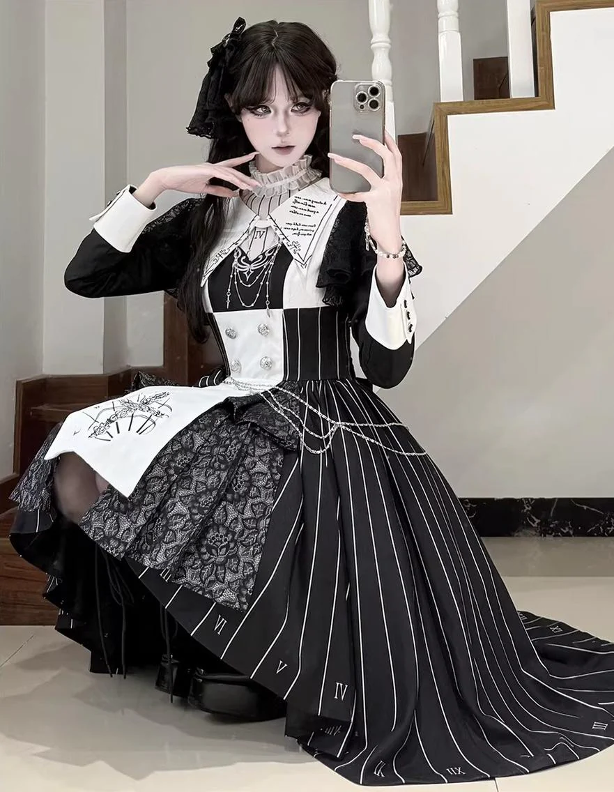 The Choir of the Church - Striped Gothic Lolita Dress Set, High-low Hem - Image 19