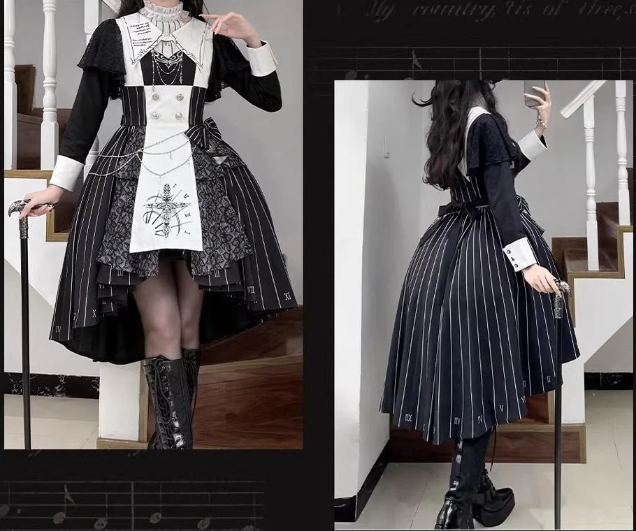 The Choir of the Church - Striped Gothic Lolita Dress Set, High-low Hem - Image 20