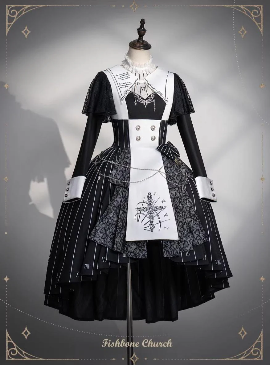 The Choir of the Church - Striped Gothic Lolita Dress Set, High-low Hem - Image 22